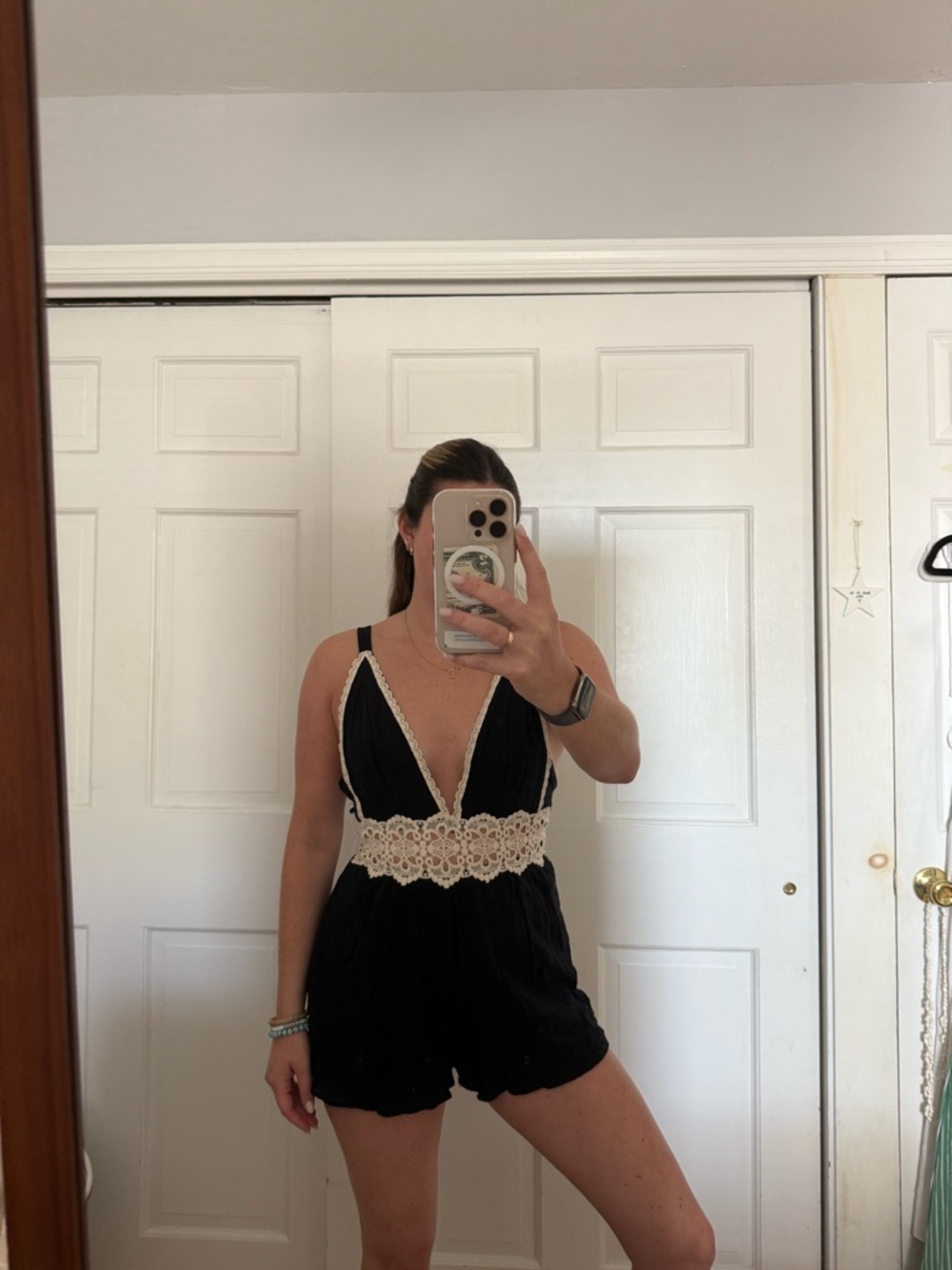 NWT Black Crochet-Trim Romper